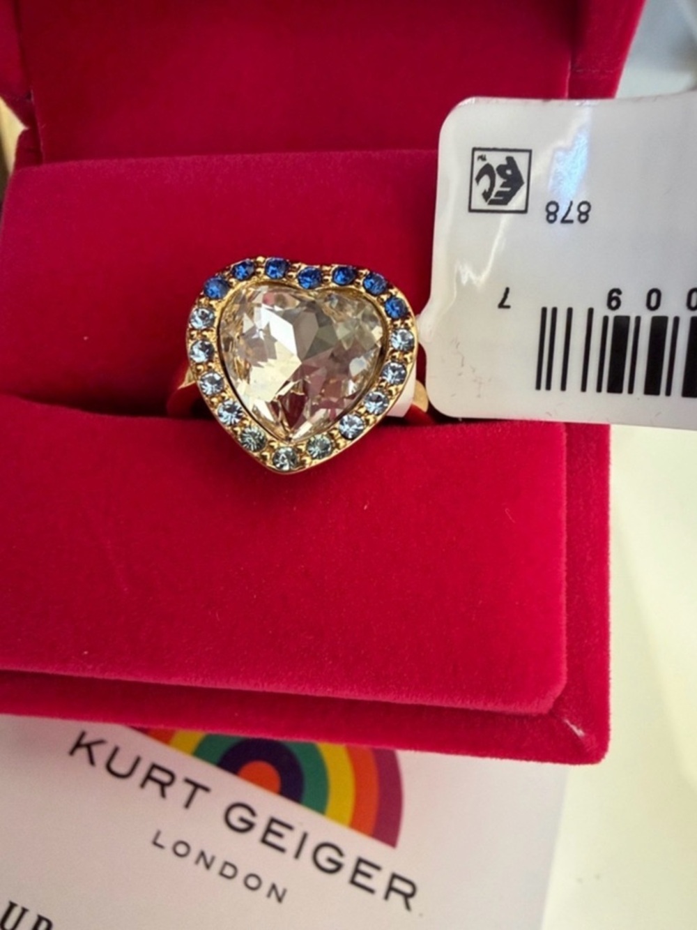 🇺🇸 Kurt Geiger Gold Heart Ring with Clear and Blue Stones